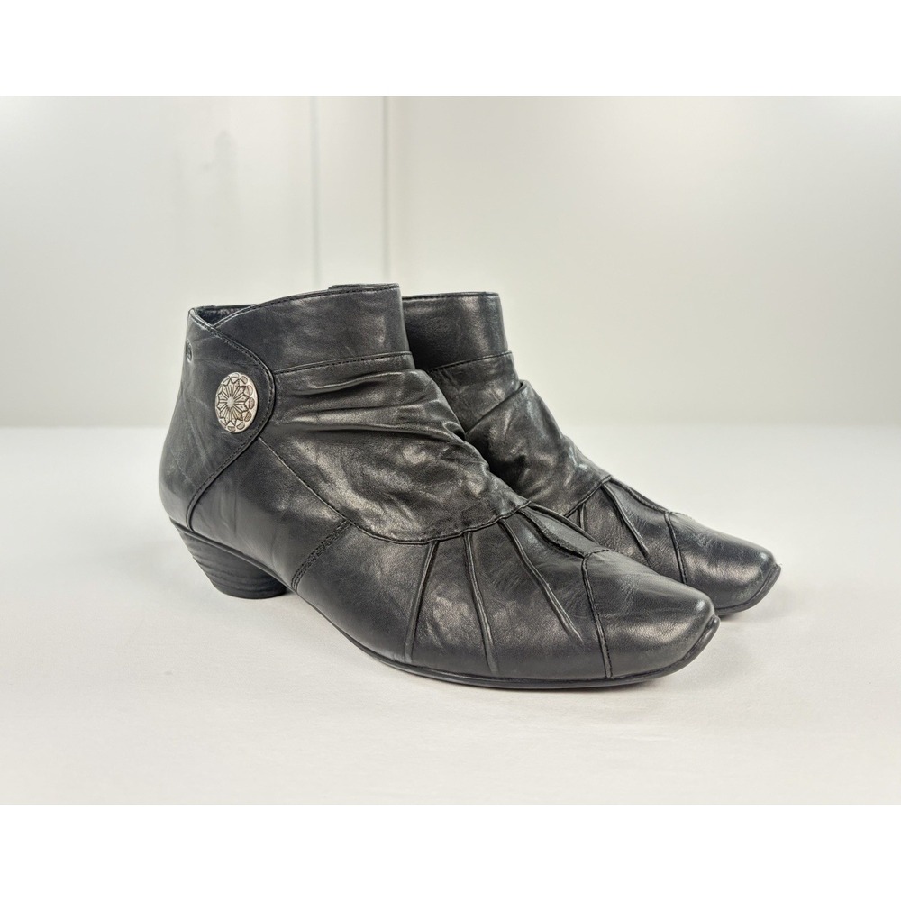 Josef Seibel Womens Black Leather Ankle Boots Ruched Comfort Booties 38 US 7 7.5
